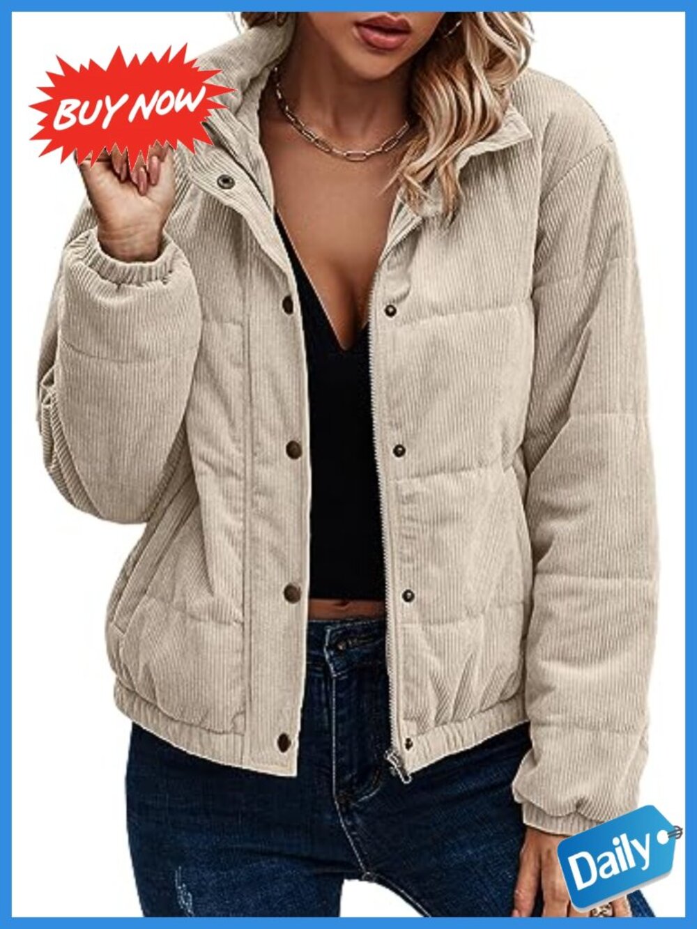 Women's Quilted Corduroy Bomber Jacket Ribbed Zip Up Oversized Winter Coat